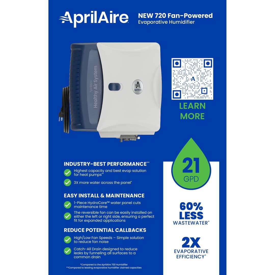 AprilAire 720 Fan-Powered Humidifier with 21 GPD, highlighting efficiency and easy installation.