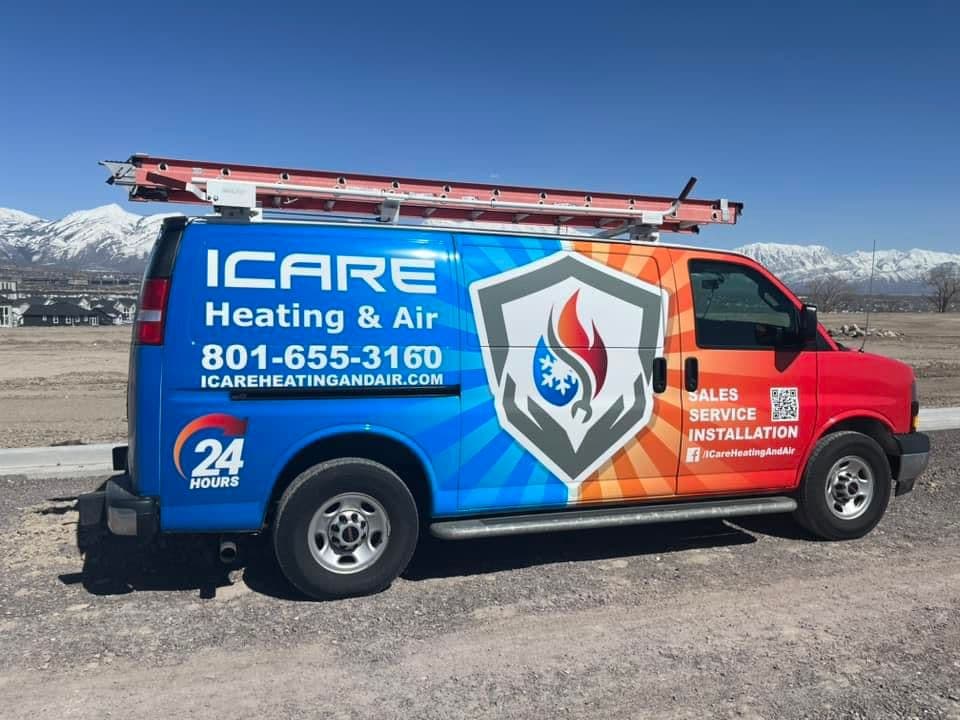 ICARE Heating & Air service van with colorful branding and ladder, operates 24 hours, Utah.