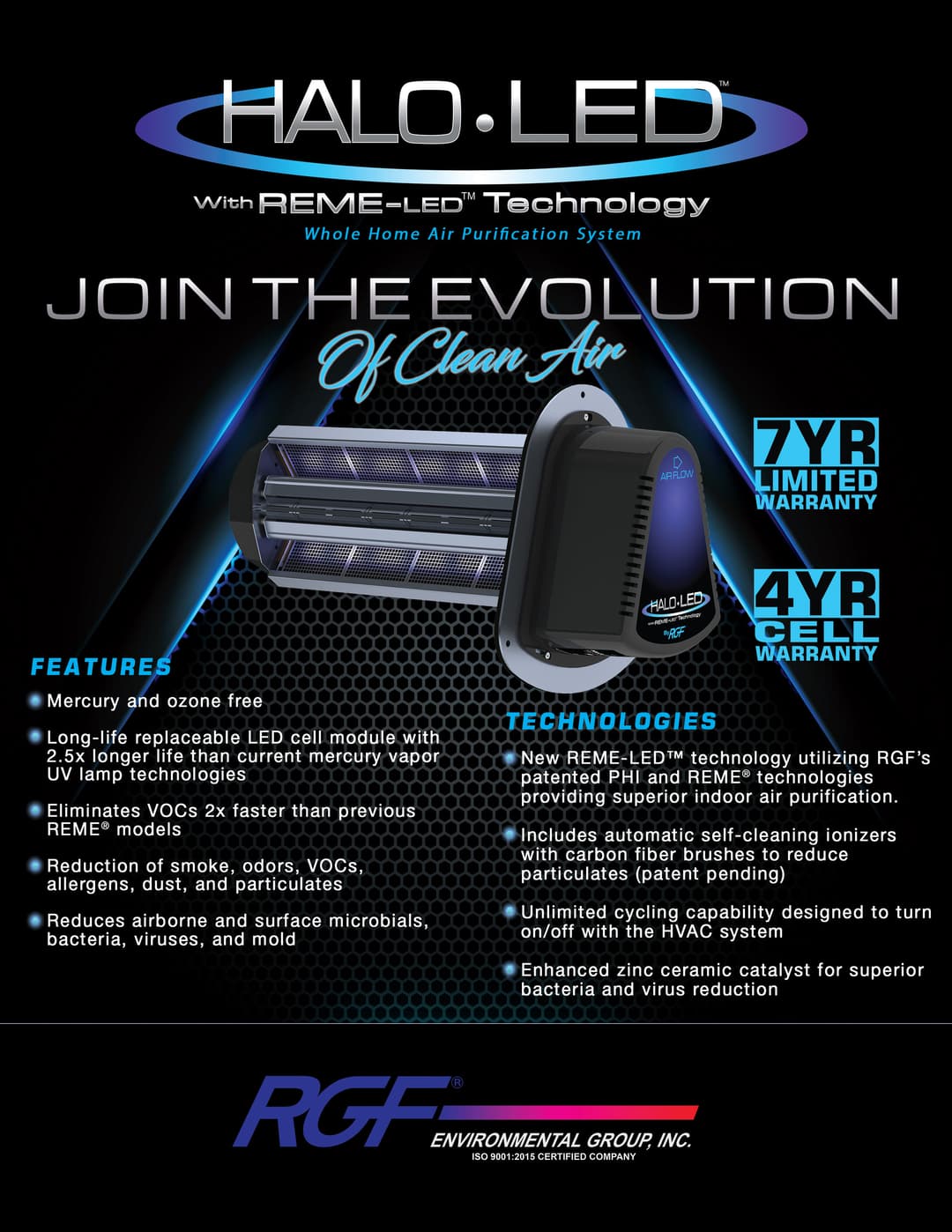 Halo-LED air purification system promoting clean air with advanced REME-LED technology features.